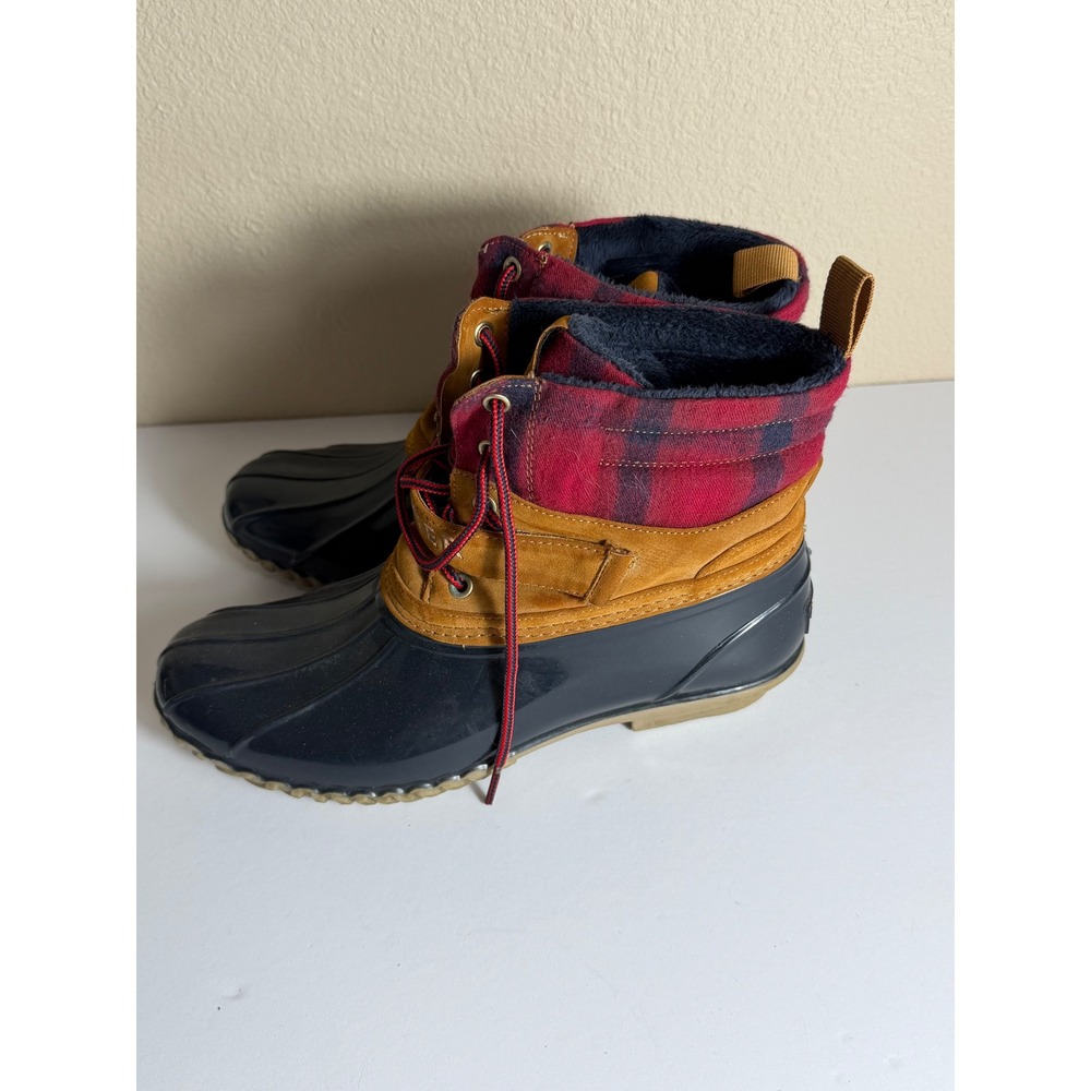 Tommy Hilfiger Mens TWHUSKI-R Duck Boots Navy Tan Red Plaid Faux Fur Lined 10M
